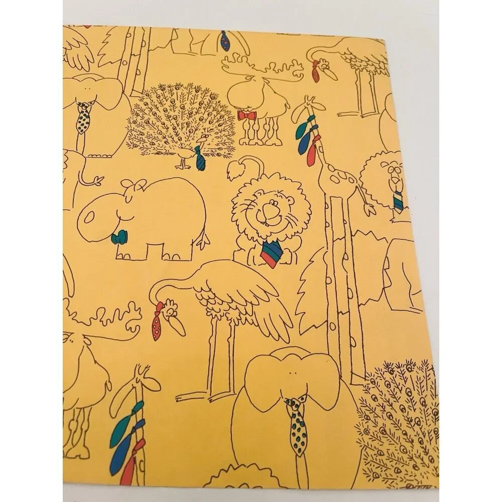 Vintage Gift Wrap Circus Clowns & Animals in Ties Yellow 80s Moose Peacock Paper
